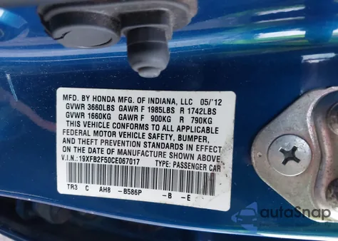 2012 Honda Civic Lx из США, поврежденный, VIN 19XFB2F50CE067017